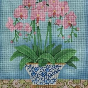 Brenda Stofft Pink Orchids in Blue White Planter B-526